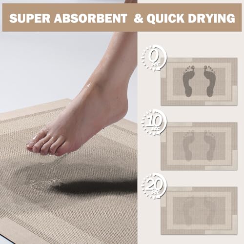 YDKGL Thin Non Slip Bath Mat, 16x24 Absorbent Quick Dry Bathroom Rug with Rubber Backing, Beige