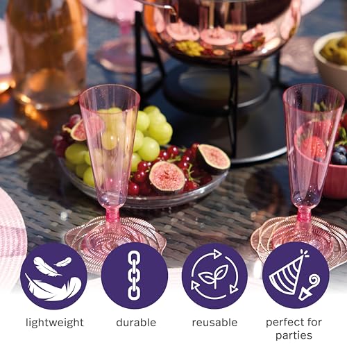 MATANA 50 Pack Pink Glitter Plastic Champagne Flutes 5 oz Disposable & Reusable