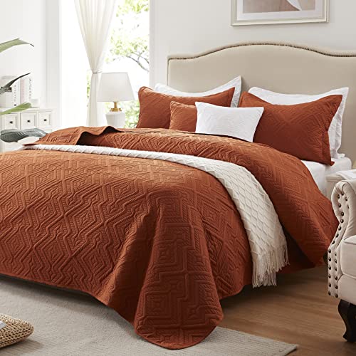 Lightweight Burnt Orange Queen Quilt Set - 3 Pieces, Soft Microfiber Bedspread, 90''x98''