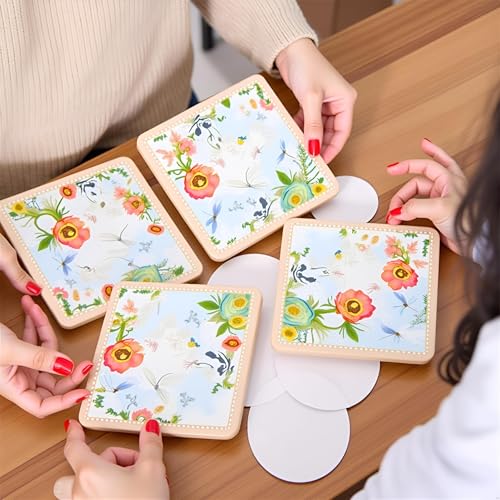 Lightahead Floral Coaster Set of 4 – MDF Wood Square Drink Coasters in Gift Box