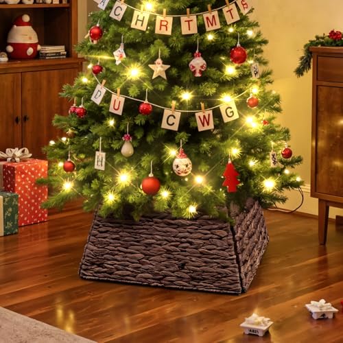 Lanpn 17 Inch Brown Rattan Christmas Tree Collar Square Woven Wicker Skirt