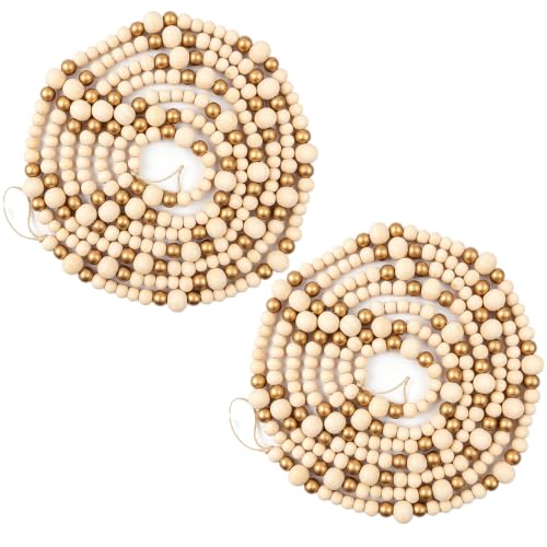 CRTEPST 2-Pack Christmas Wood Bead Garland 24 ft, Gold Wooden Beads, Rustic Boho Holiday Decor