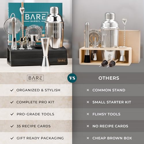 Bare Barrel® 14-Piece Cocktail Bar Set with 24oz Silver/Black Cobbler Shaker & Recipe Cards