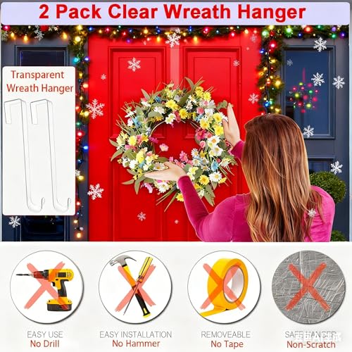 15-Inch Clear Plastic Wreath Hangers for Front Door - 2 Pack Over the Door Hooks