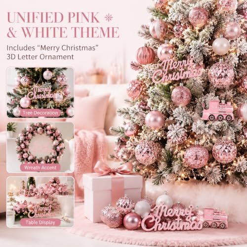 65Pcs Pink Christmas Ornaments Set - Shatterproof Glitter Balls & Lace Bows