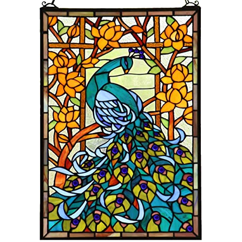 Stained Glass Peacock Window Panel Hanging - 15" W x 23" H