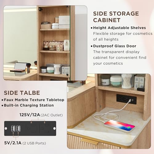 Fluted Makeup Vanity Desk with 36" Lighted Mirror and 5 Drawers, Oak