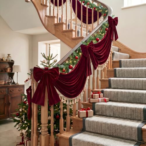 7.2 ft Burgundy Velvet Christmas Staircase Draping with 2 Large Bows