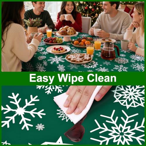 Smiry 60x120in Christmas Tablecloth with Flannel Backing – Green & White, Waterproof Vinyl