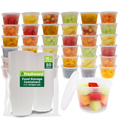 16 oz Plastic Deli Food Storage Containers with Lids (50 Pack) - Meal Prep
