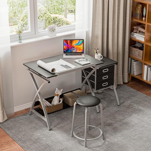 Adjustable Drafting Table and Stool Set with 3 Drawers for Art and Writing