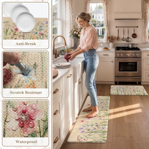 Anti-Fatigue Kitchen Mat Set, Cushioned Floral Floor Rugs 2-Piece