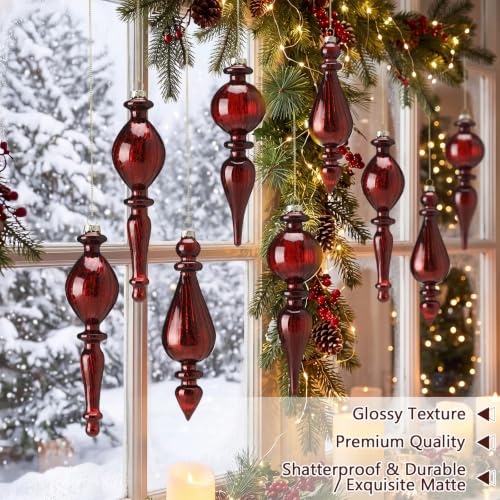 Seenelling Burgundy Crystal Glass Christmas Finial Ornaments Set of 6 - Retro Holiday Decor