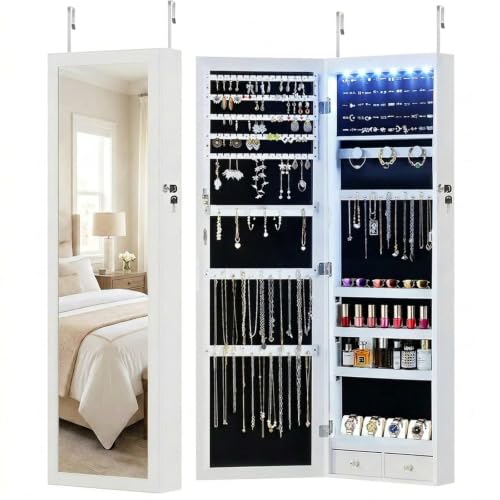 Lockable Jewelry Cabinet with Full-Length Mirror and LED Lighting