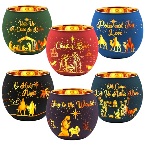 Jingmore 6 Pcs Colorful Christmas Nativity Votive Candle Holders with Jesus Design