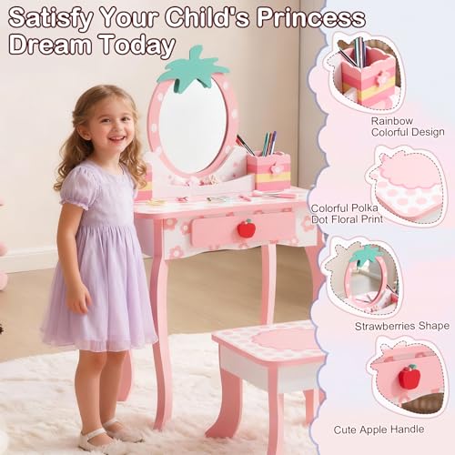 Kids Vanity Table and Chair Set with Fruit Print and Storage