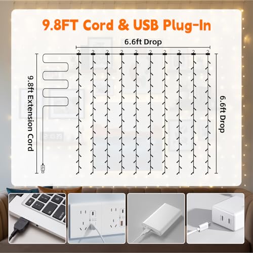 SINAMER LED Curtain String Lights 6.6x6.6ft USB Warm White