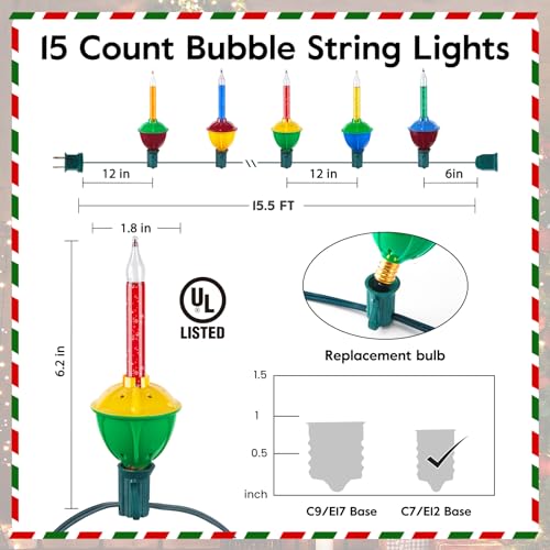 Christmas Bubble String Lights 15.5FT Multi-Color Bulbs - 5 Color Variations