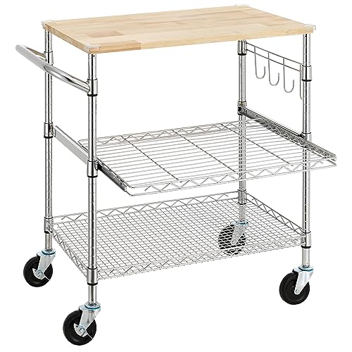 3-Tier Rolling Kitchen Cart with Oak Wood Top, Utility Island with Wheels