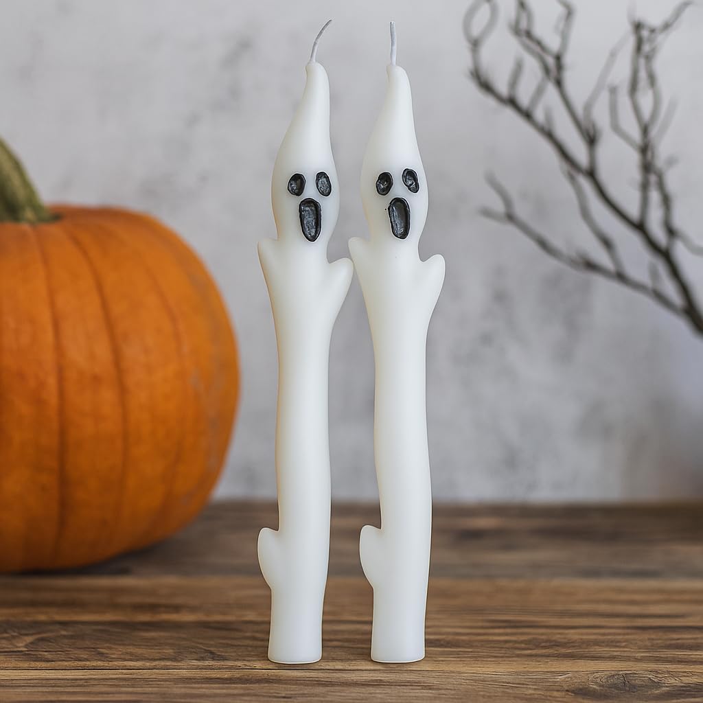 Skiennix Halloween Ghost Candles Set - Cute White Taper Candles with Spooky Faces | 2-Piece Decor for Parties & Haunted Houses