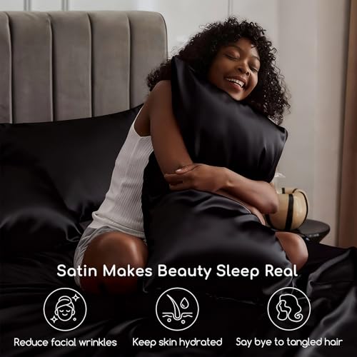 MR&HM Silky Satin Queen Sheet Set - 4 Piece Deep Pocket Bedding, Black