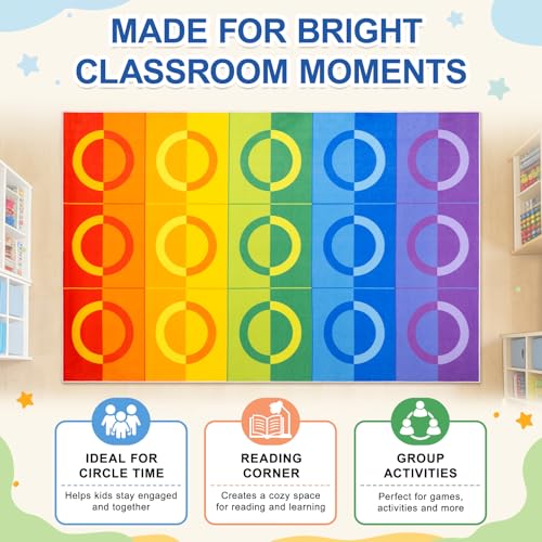 Classroom Rug with 15 Rainbow Circles, 5x7.6 Foot Non-Slip Educational Carpet