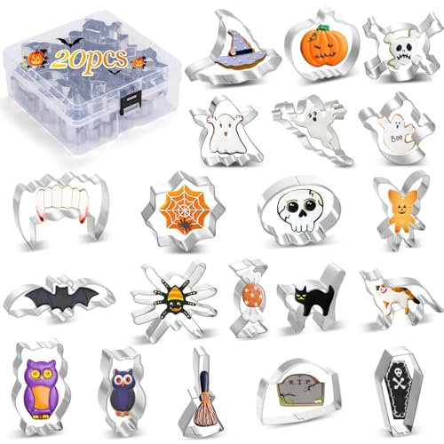 Lezmarket 20Pcs Halloween Cookie Cutters Set - Stainless Steel Shapes for Ghosts, Pumpkins, Cats, Bats, Coffins, Witch Hats (Halloween variation)