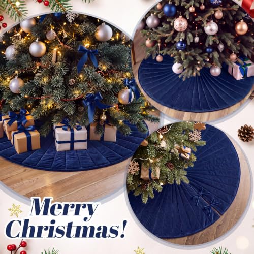 Foilswirl Navy Blue Velvet Quilted Christmas Tree Skirt 60 Inch