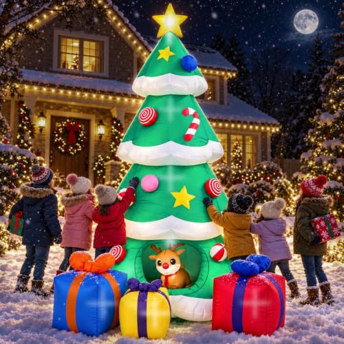 HMAZAE 10ft Green Inflatable Christmas Tree with Built-in LED Lights, Waterproof Outdoor Yard Decor