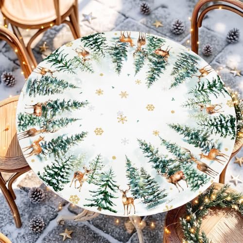 Miffrank Christmas Round Fitted Tablecloth 40-44in with Elastic Edge – Waterproof Snow Reindeer Xmas Tree Pattern