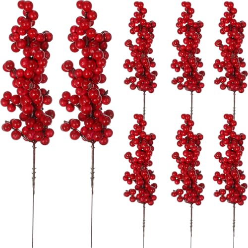 8pcs Artificial Red Berry Stems Christmas Berry Stems Waterproof Berry Branches for Christmas Tree Ornaments Crafts Holiday and Home Decoration (Red)