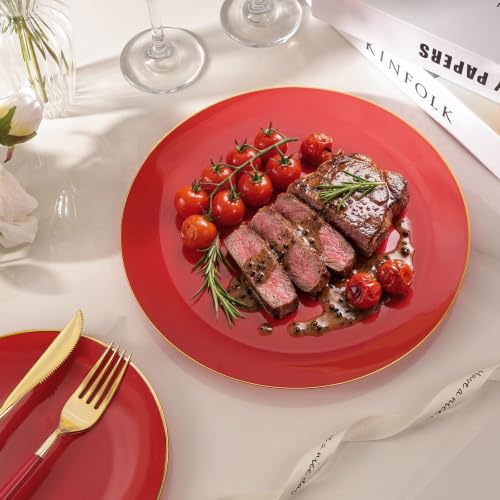 50 Guests Red & Gold Disposable Plastic Plates Dinnerware Set - 350 Pcs