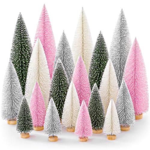 Vinsot Mini Christmas Bottle Brush Trees Set - 20 Pcs in White, Green, Pink, 5 Sizes