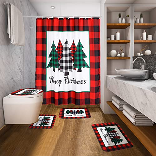Irenare 5-Piece Red Buffalo Plaid Christmas Shower Curtain Set with Rugs