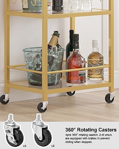 3-Tier Gold Bar Cart with Mirrored Shelves, Wine Rack, and Glass Holder
