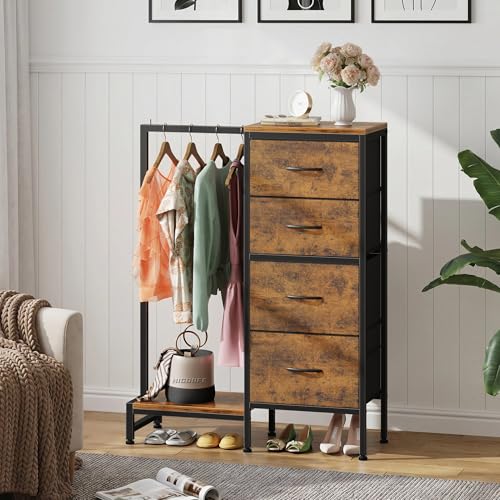 Rustic Brown 44'' Tall Dresser with Hanging Clothes Rack & 4 Drawers - Reversible, Sturdy Storage Tower