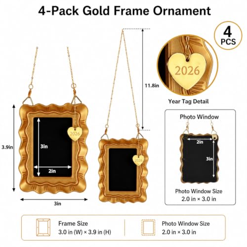 Gold Vintage Christmas Picture Frame Ornaments, 4-Pack 2x3 in - Resin