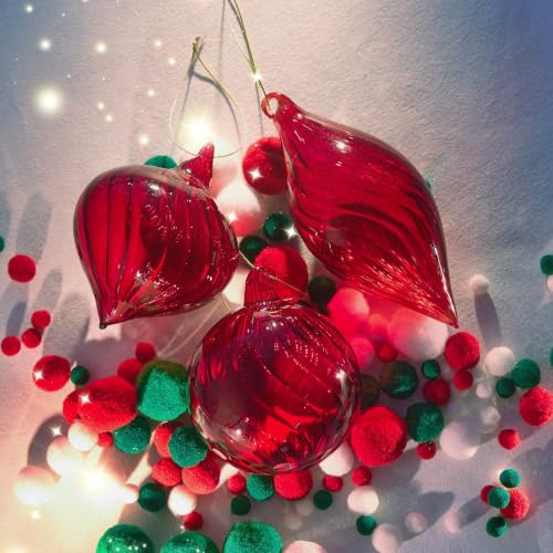 KRISININE 3-Pack Red Blown Glass Christmas Ornaments Hanging Decorations