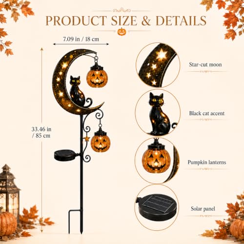 Solar Halloween Black Cat and Pumpkin Moon Garden Stake Light