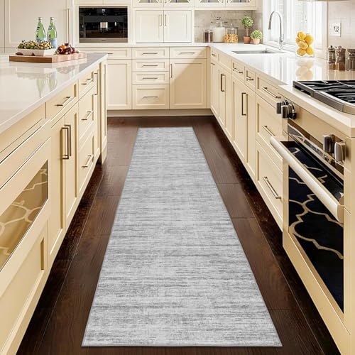 2x8 Abstract Runner Rug, Washable Non-Slip Kitchen Hallway Carpet, Grey