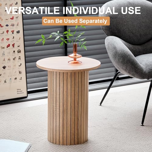 Set of 2 Round Nesting Coffee Tables with Fluted Drum Base, Wood Grain