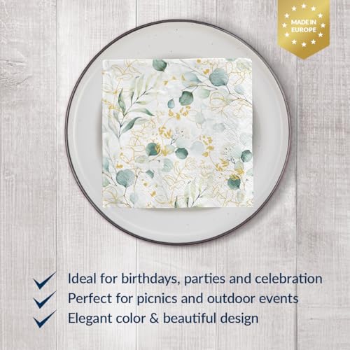 Golden Eucalyptus Cocktail Napkins - 100 Pack 5x5 Inch Elegant Party Paper Towels