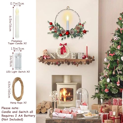 2Pack Christmas Wreath with LED Candle Lights Pine Cones Berries - Red & Green