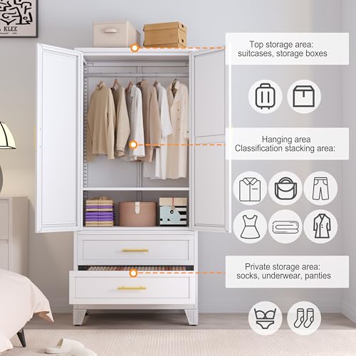 71-Inch Metal Wardrobe Closet with Mirror, 2 Drawers and Adjustable Shelves
