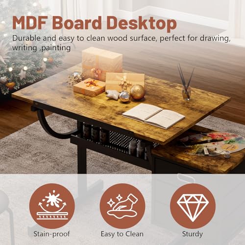 Adjustable Drafting Table and Stool Set with 3 Drawers, Black