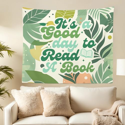 "It's A Good Day to Read A Book" Wall Tapestry - Boho Leaf Decor (50x60 In)