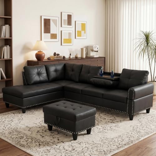 97.5" L-Shaped Modular Sectional Sofa with Storage Ottoman, Black Faux Leather