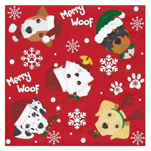RUSPEPA Christmas Dog Cocktail Napkins 25 Pcs, 5x5 Inch Holiday Party Decor