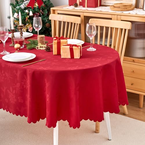 EFFICINATURE Red Jacquard Oval Tablecloth 60x84 Inches Waterproof & Washable