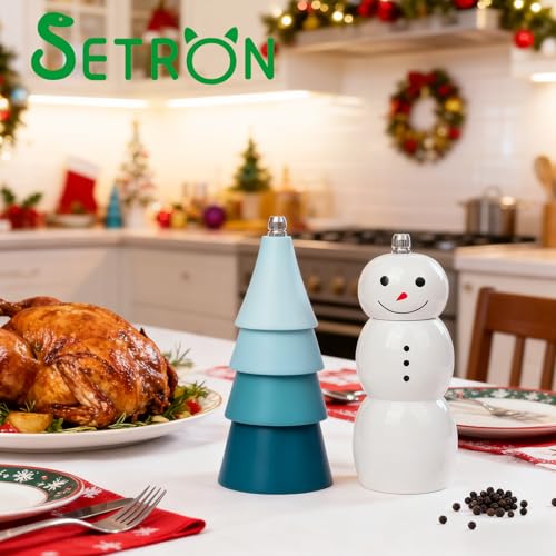 SETRON Christmas Salt & Pepper Grinder Set, Snowman & Tree with Ceramic Core, Refillable Manual Shakers